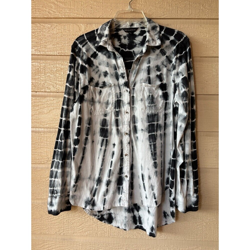 Rock & Republic womens Navy Tie Dye Cotton Knit Roll Tab Shirt Blouse size Small